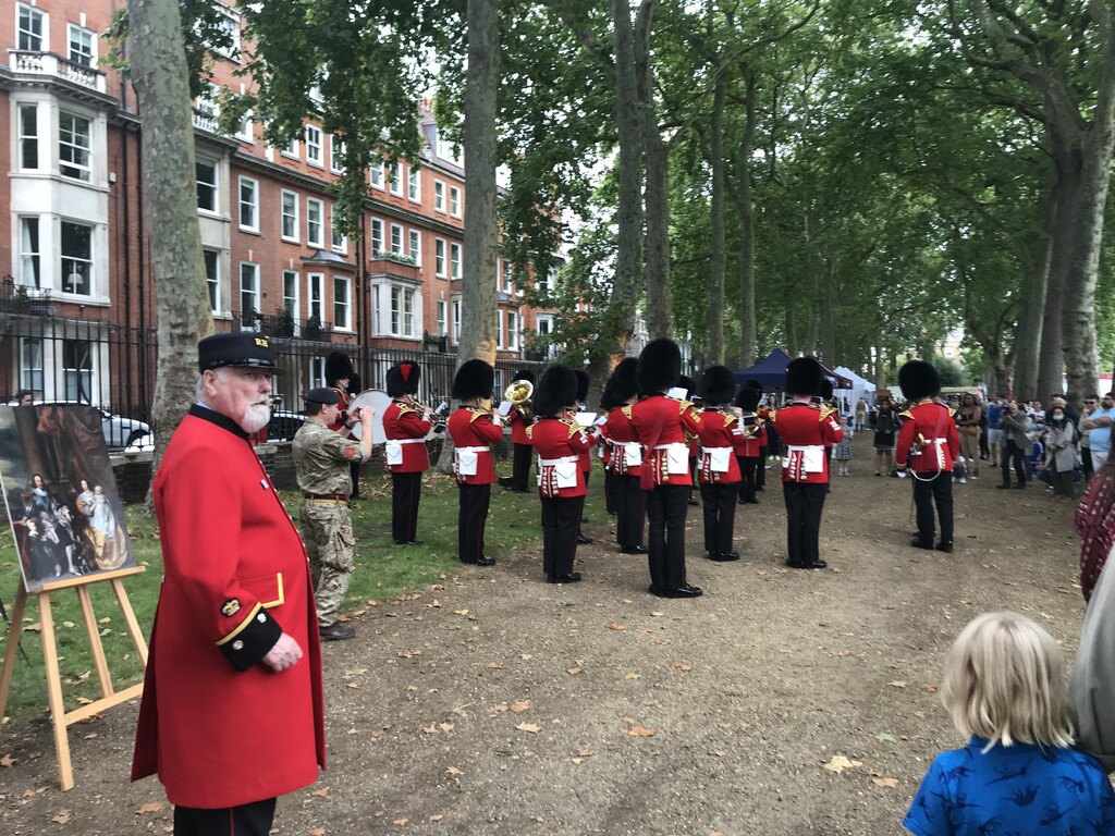 Irish Guards in a town square