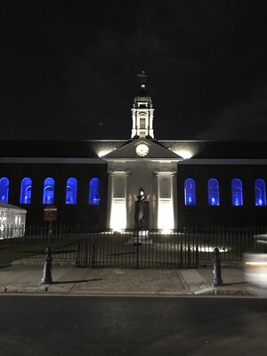 a town hall at night